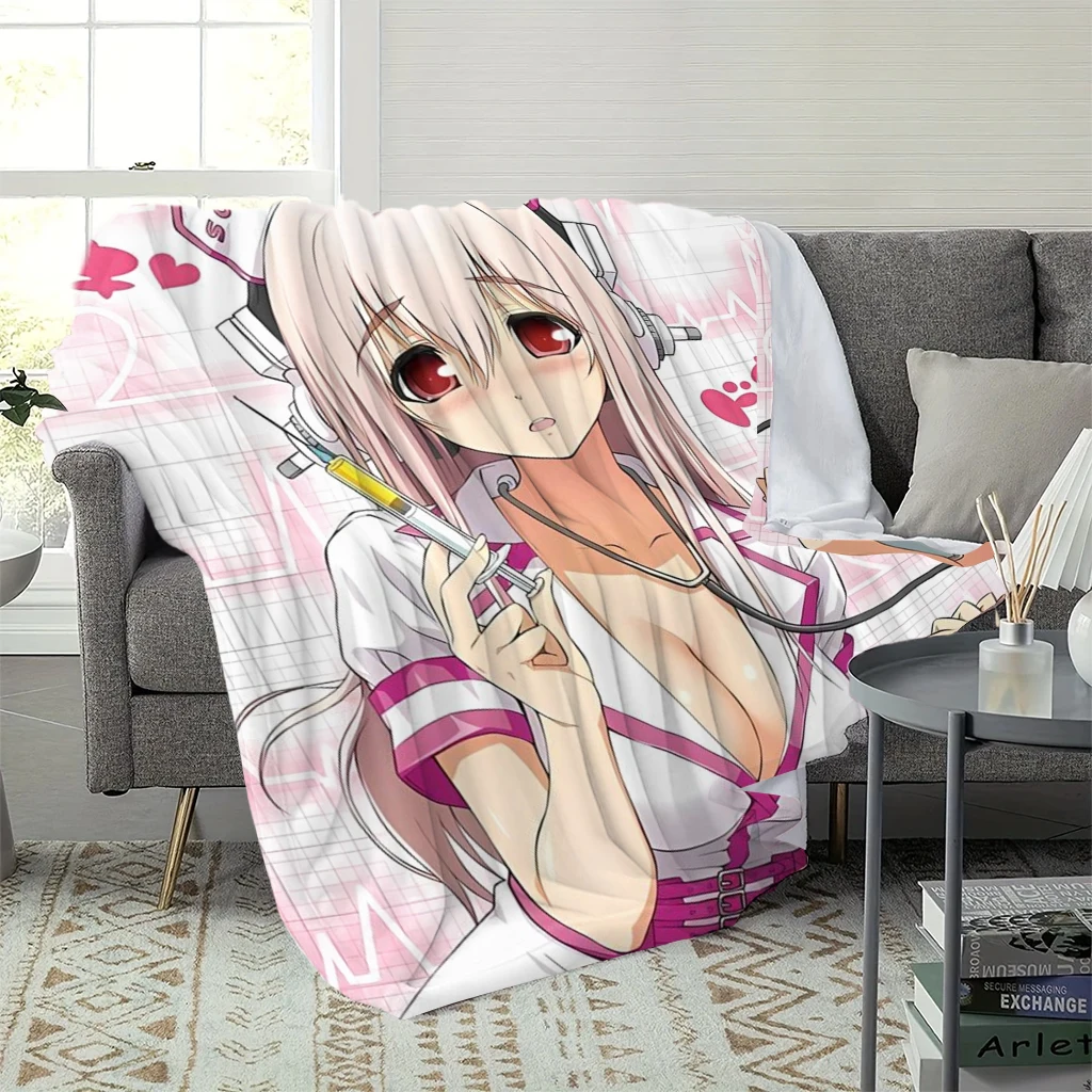 S-Super S-Sonico Nurse Cosplay Blanket, Anime Waifu Throw Blanket, Soft Flannel, Pink Medical Style, Otaku Bedroom Decor