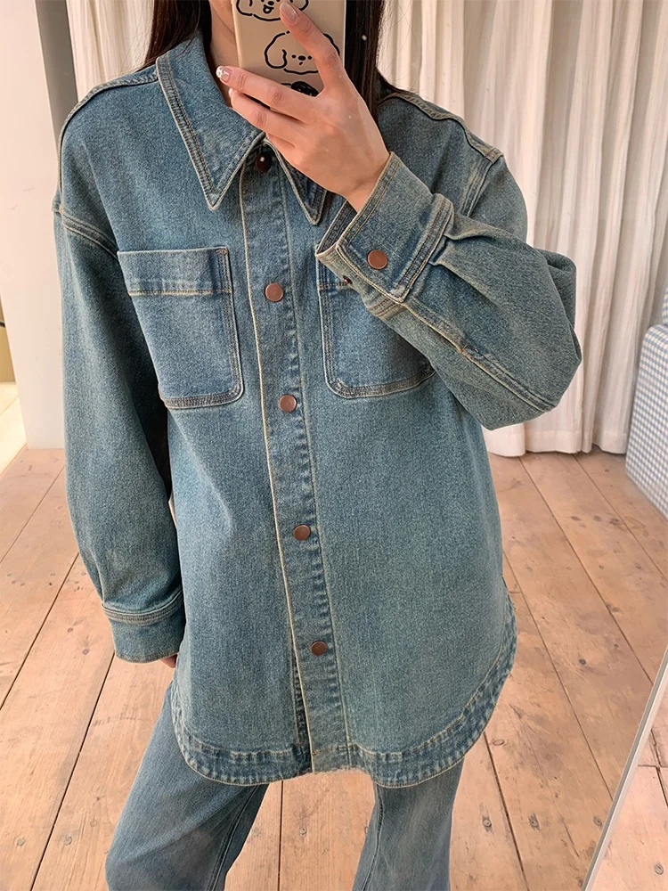 

QIHEYE Свободная повседневная джинсовая куртка в американском ретро-стиле для ранней весны, женская, винтажная, с длинными рукавами, универсальная, хлопковая
