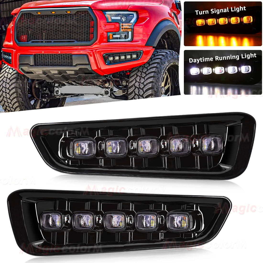 LED DRL For Ford Raptor SVT F150 2016 2017 2018 2019 2020 Daytime Running Lights Yellow Turn Signal Fog Lamp Car Accessories 12V