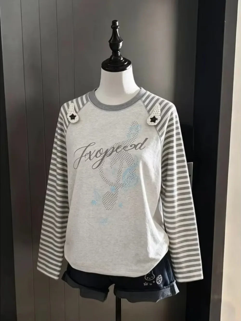 Y2k Aesthetic Angel Wings Stripe Long Sleeve T-shirt Cutecore Kawaii Letter Print Harajuku Vintage Oversize Casual Women Top Tee