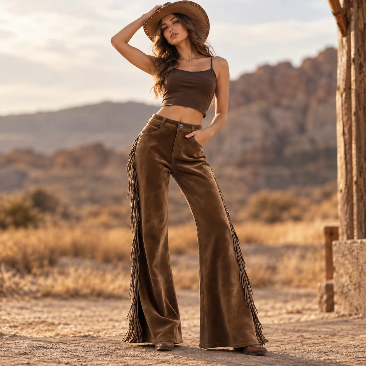 Flared Fringe Pants Full Length Edgy Street with Medium Stretch Mid Rise Autumn Streetwear Regular Thickness Women Pants