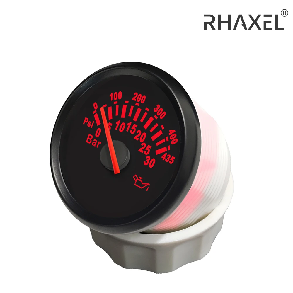 RHAXEL 52mm Oil Pressure Gauge 0-30bar 0-435Psi with Red Backlight 12V 24V Universal