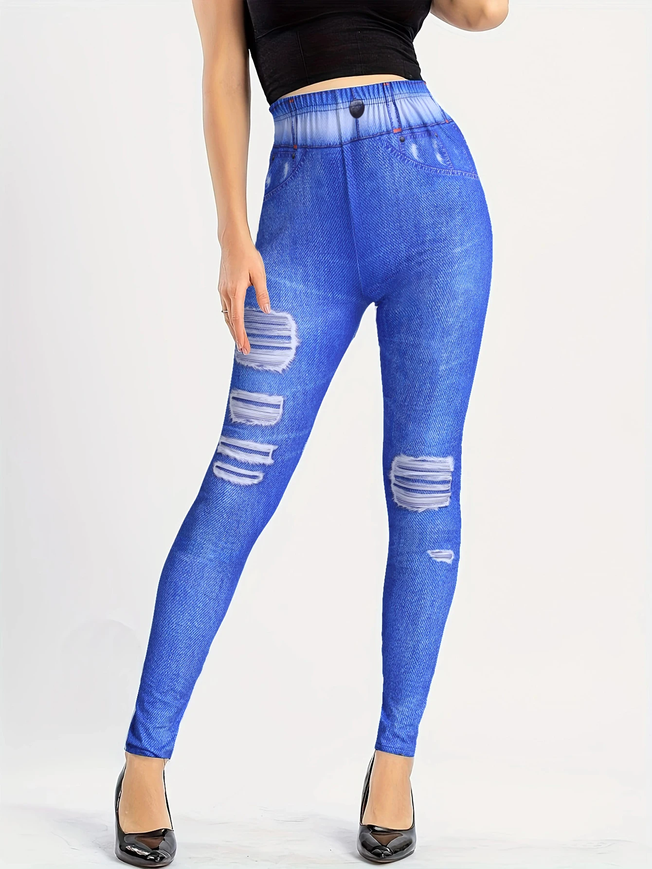 CUHAKCI False Hole Print Blue Fake Jeans High Elastic Sexy Plus Size Leggings Women Trousers Push Up Workout Yoga Pencil Pants