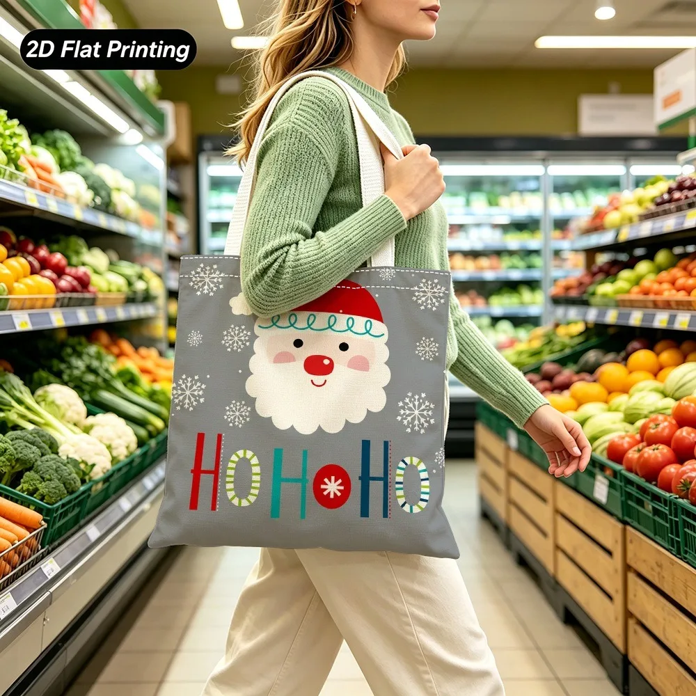 Christmas Tote Bag,Santa Claus HO HO HO Pattern,Festive Shopping Bag,Reusable Grocery Bag