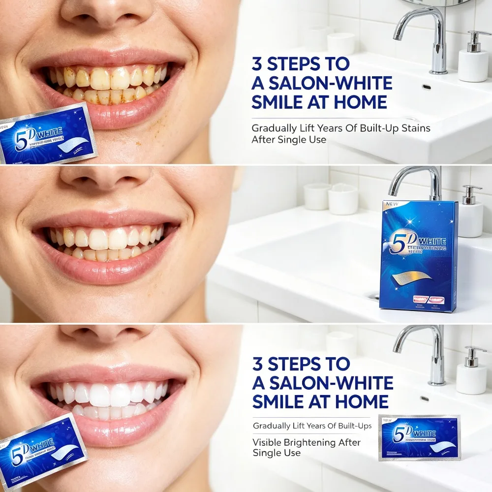 5D teeth whitening strips, individually wrapped for convenient use, easily remove yellow stains from teeth.