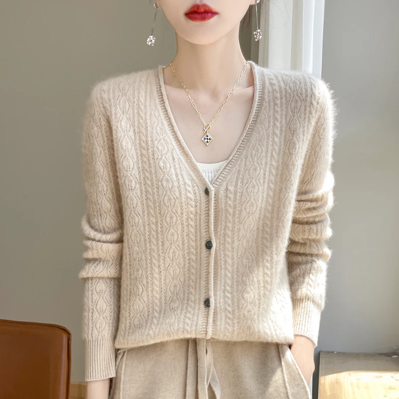 New hot selling women's V-neck cardigan sweater, hollowed out knitted solid color exquisite coat, women's long sleeved sweater