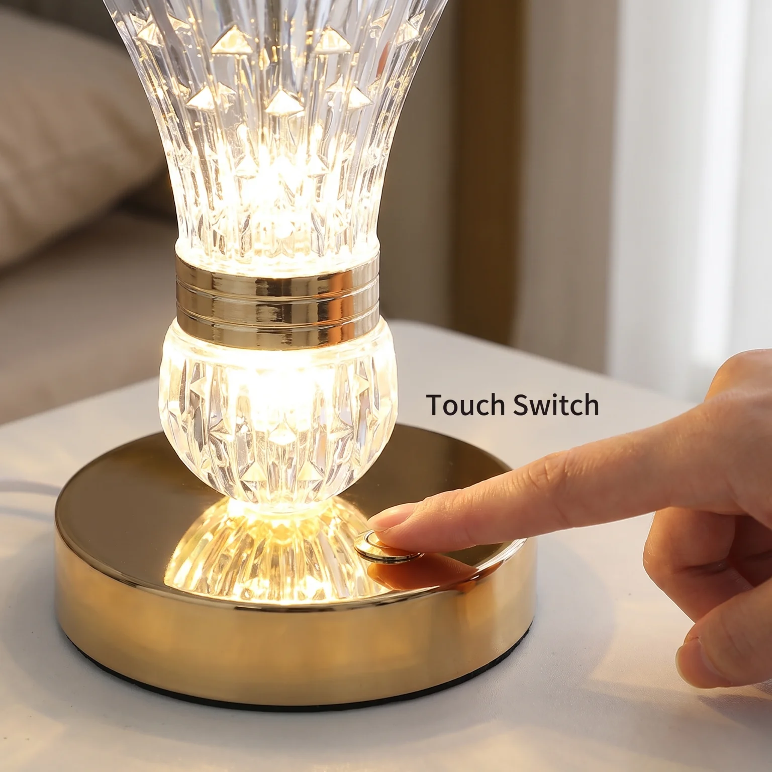 Touch Control Crystal Vase Table Lamp 3 Color Dimmable LED Night Light Rechargeable Decorative Desk Lamp Flower Vase Lamp for Bedroom Bedside Home Decor