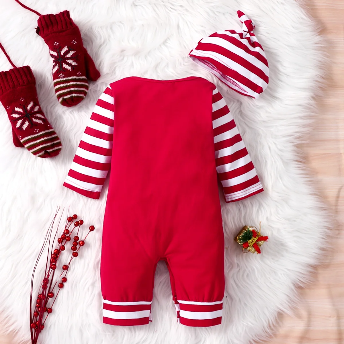 0-18 Months Spring Autumn Baby Boys And Girls Christmas Day Style Monogram Print Panels Striped Long Sleeve Climbing Suit