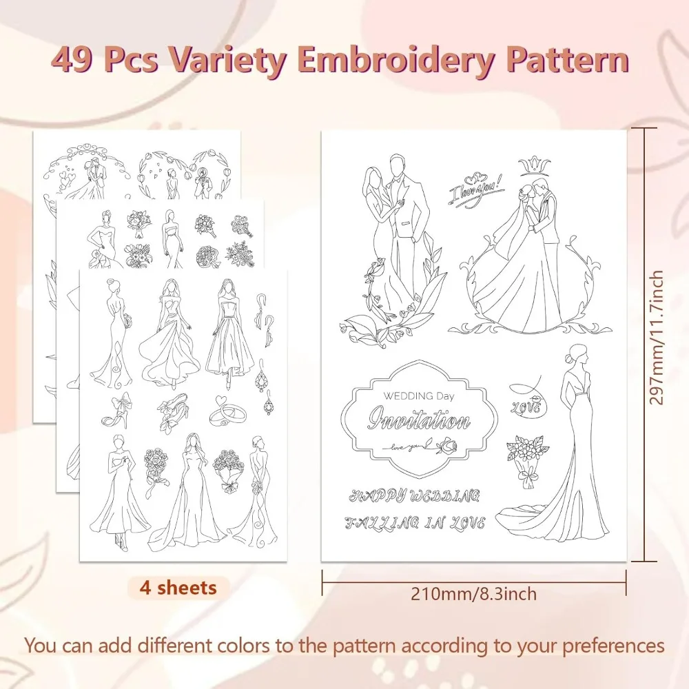 Water Soluble Embroidery Patterns for Beginners 4 Sheets with 49pcs Wedding Groom Bride Patterns, Happy Wedding Wash Away