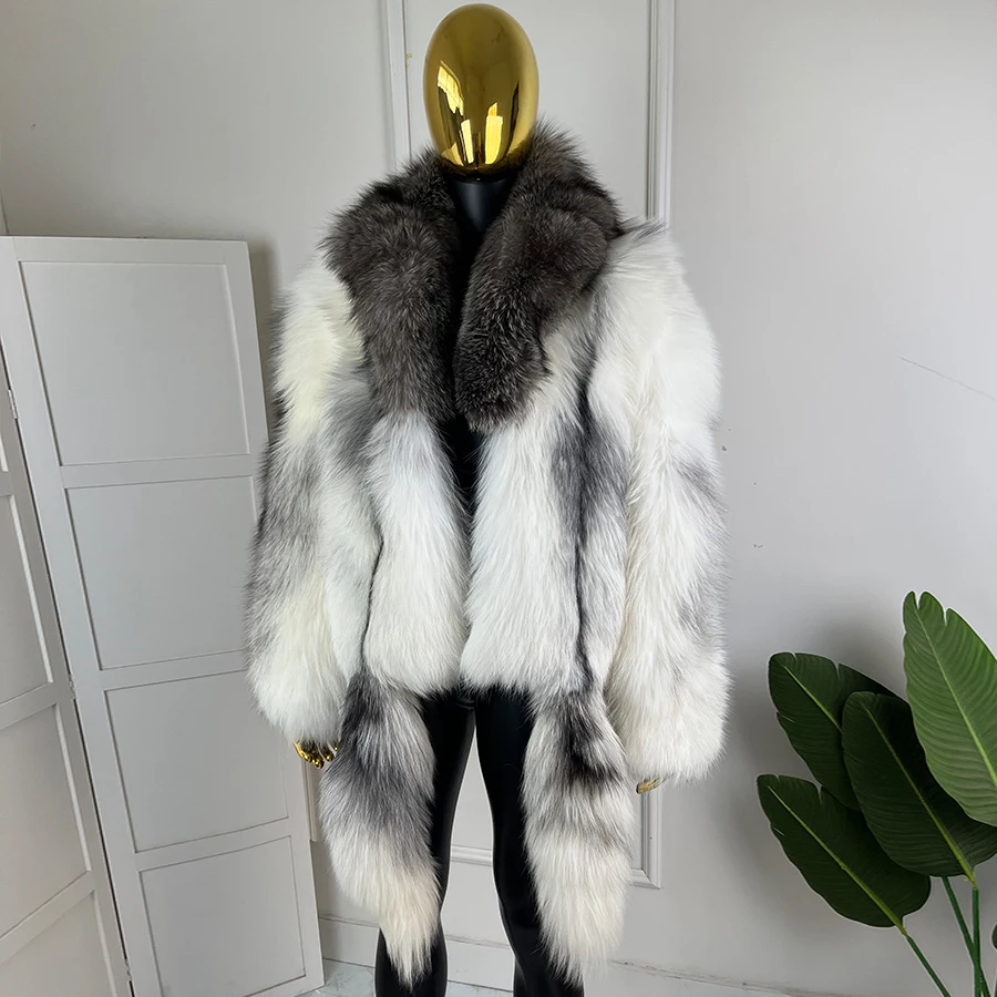 Real Haired Marble Fox Fur Coat With Tails Natural Silver Fox Fur Coat Cropped Fur Jacket High Quality Men's Short Fur Coat
