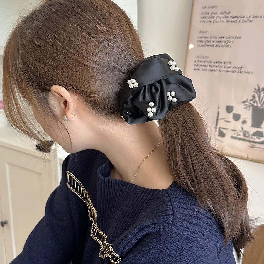 Premium Satin Scrunchie with French Beads Square Scarf Hair Rope Chic Versatile Ponytail Holder for Women