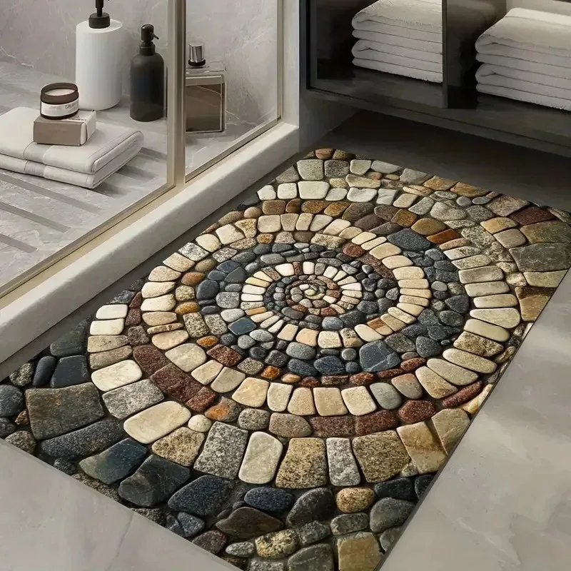 Realistic Pebble Stone Mosaic Entrance Mat Multicolor Rock Texture Print Rug Vintage Natural Style Home Decor for Porch Washroom