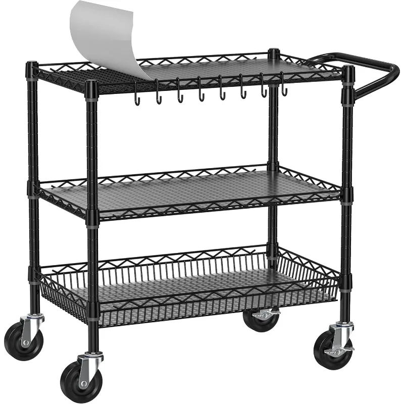 

Heavy Duty Rolling Cart with Wheels, 3 Tier Commercial Grade Utility Cart Metal Kitchen Storage Trolley