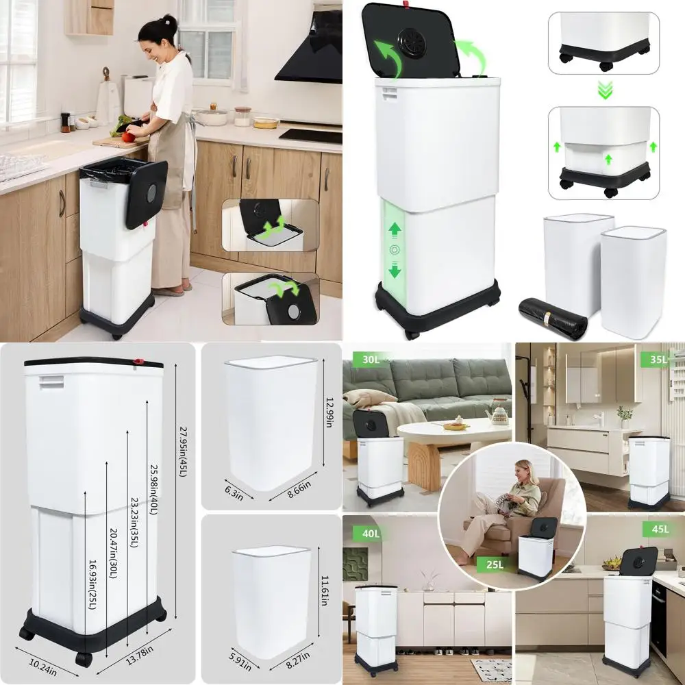 

13 Gallon Wheeled Trash Can with Lid, Dual Bin for Kitchen, Bathroom, Office - Space-Saving Waste Management