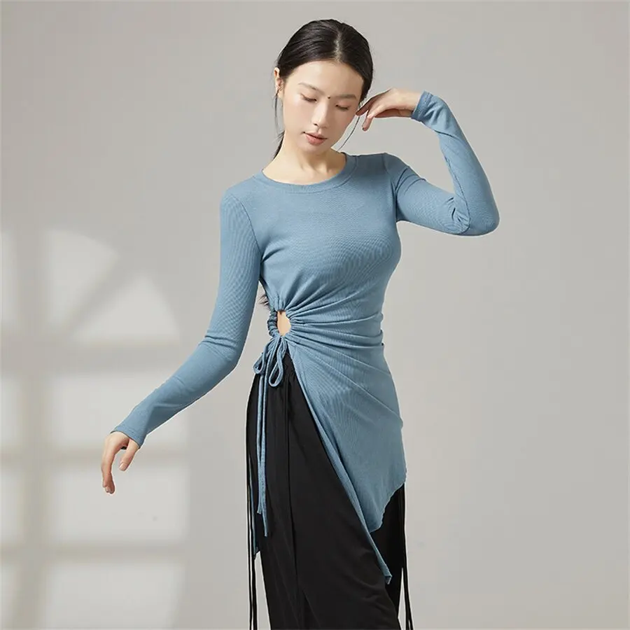 Women Modern Dance T-Shirt Asymmetrical Hem Ribbed Female Yoga Top Drawstring Waist Ballet Training Costume Classical Dancing