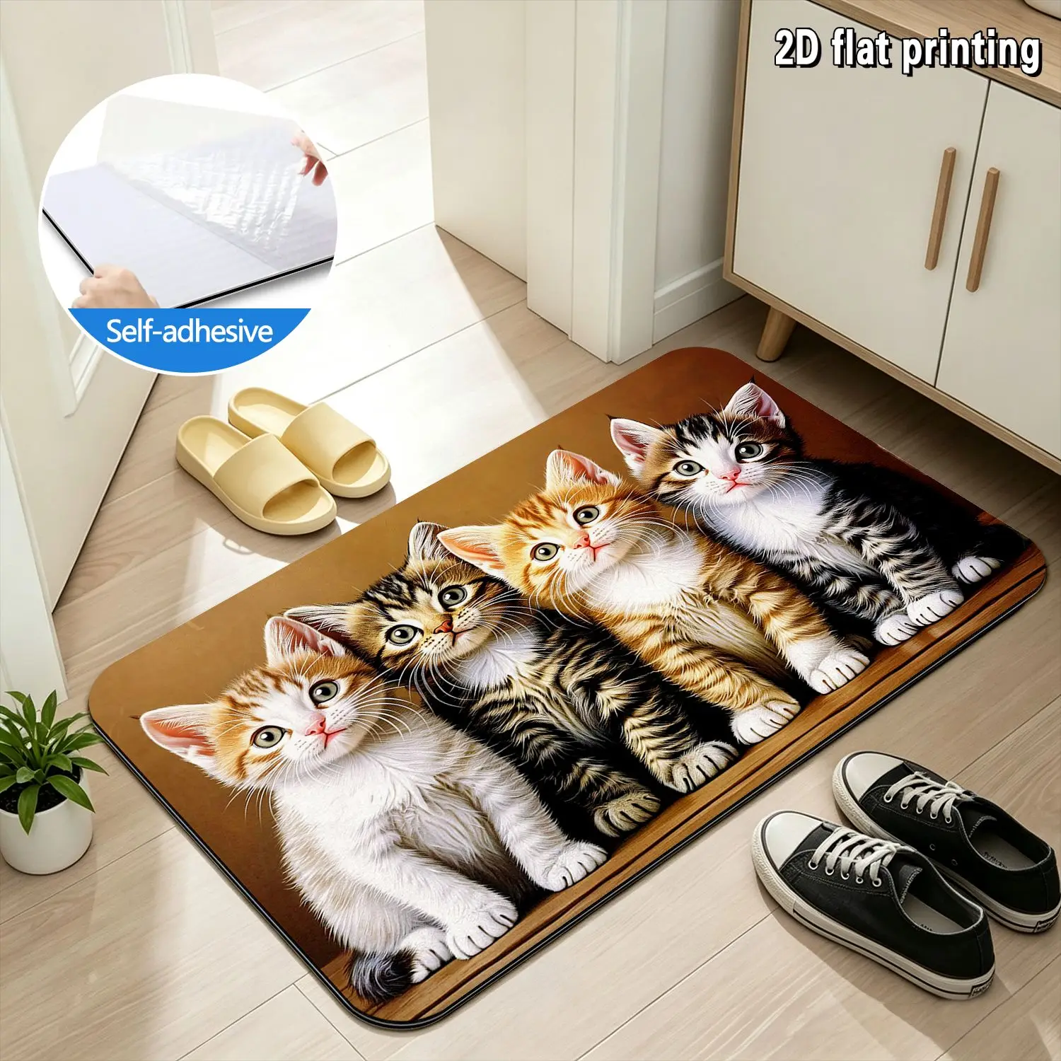 1pc 2D FLAT Printing Kitchen Mat, Self-Adhesive Kitchen Rug, Adorable Kittens Lying Down in A Row Comfortable.