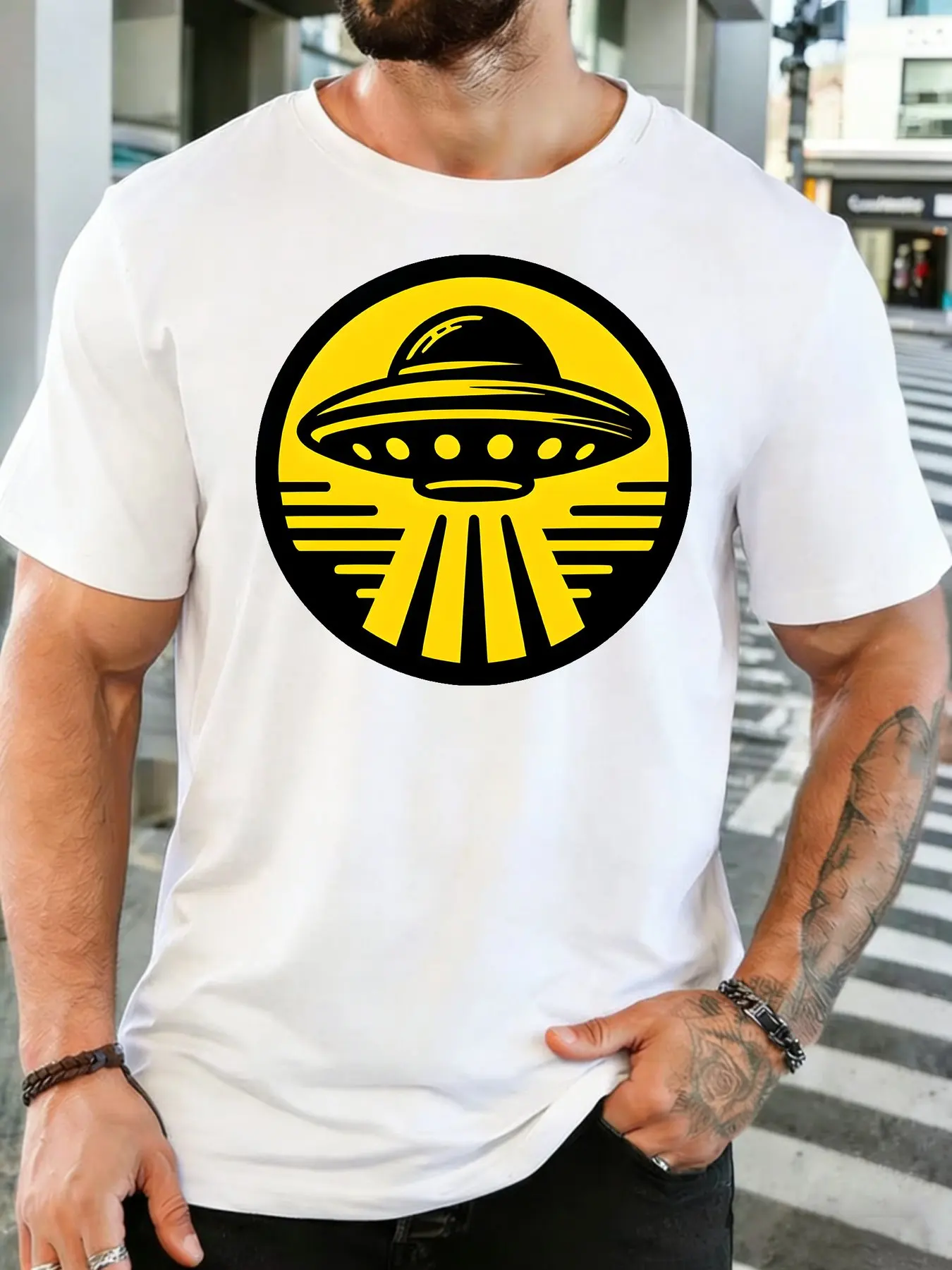 Fashion Mens Light Cotton T Shirt Minimalist UFO Flying Saucer Circle Print Outer Space Theme Casual Crew Neck Daily Street Top