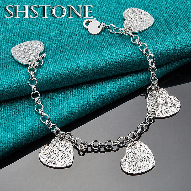 Nice 925 Sterling Silver Five Heart Pattern Chain Bracelet For Women Party Birthday Gifts Lady Fashion Charm Jewelry Accessories 4