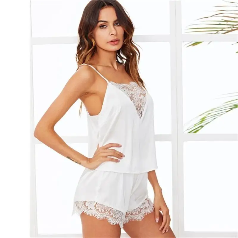 C9ge wanita cami piyama set noda tidur renda tidur trim pj pendek set dengan celana pendek
