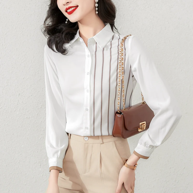 2025 nieuwe lente dames shirts wit gestreepte blouse shirt met lange mouwen vrouwelijke kleding Koreaanse mode unieke mooie dames tops