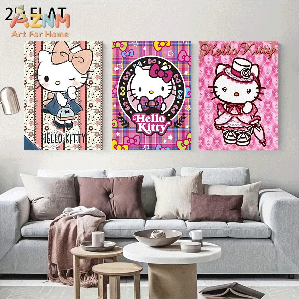 AZNM Hello Kitty Canvas Wall Art Unframed Cute Cartoon Print Poster Plaid Bow Vintage Dress Design for Girls Bedroom Living Room