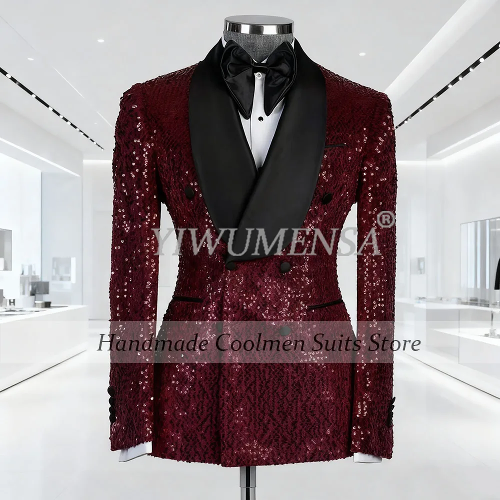 

Sparkly Sequins Suits Men 2 Pieces Sets Double Breasted Groom Tuxedos Customized Shawl Label Prom Blazers Man Banquet Clothing