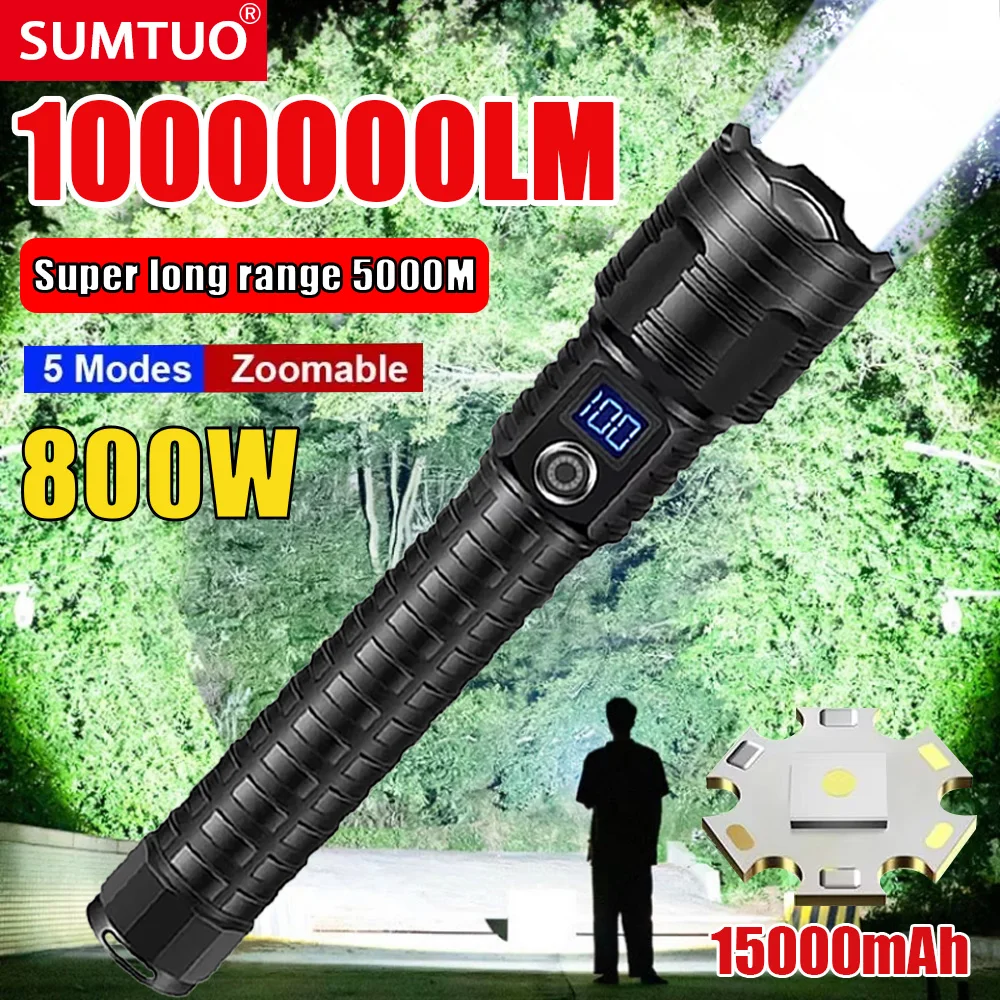 1000000LM Powerful Flashlight 3500m Long Range LED Flashlight Type-C Charging Output Zoom Aluminum Alloy Handlamp For Camping