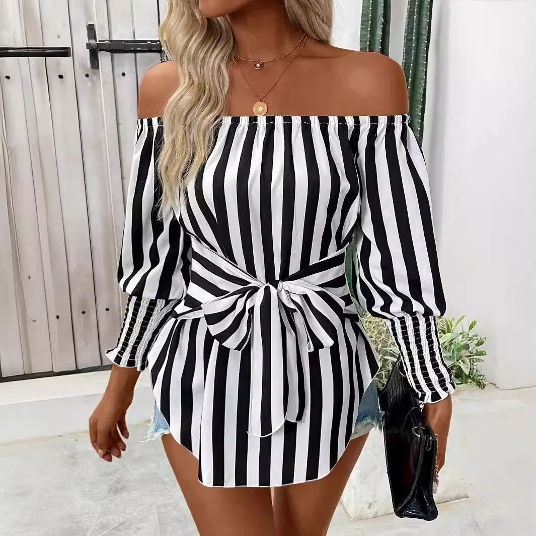

2026 Women's New Fashion Trend Daily Commuting Slim Off-Shoulder Lantern Sleeves Elegant Asymmetrical Hem Striped Women's Shirt