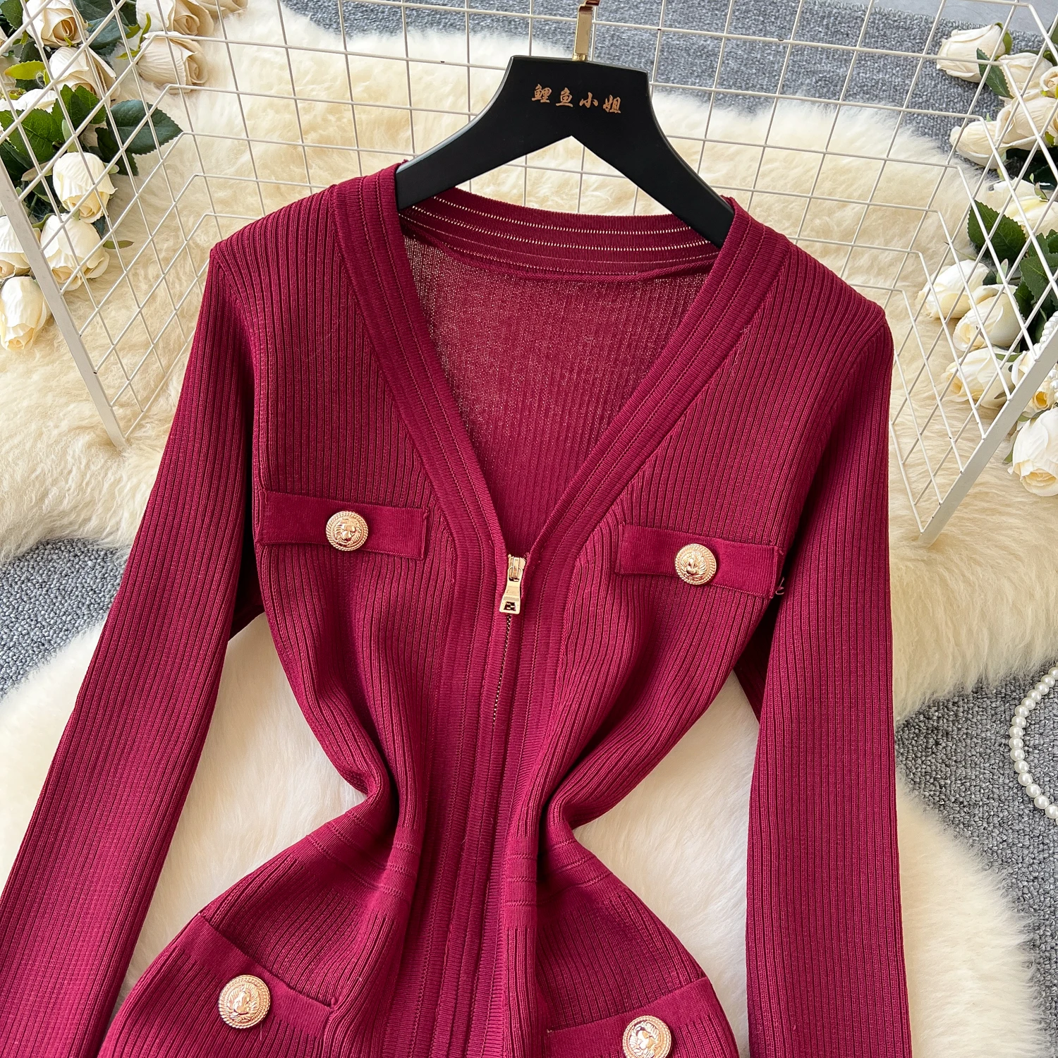 Vintage Long Sleeve Elegant V-neck Chic Zipper Metal Buckle Slim Knitted Dress Korean Evening High Street Autumn Winter Clothing