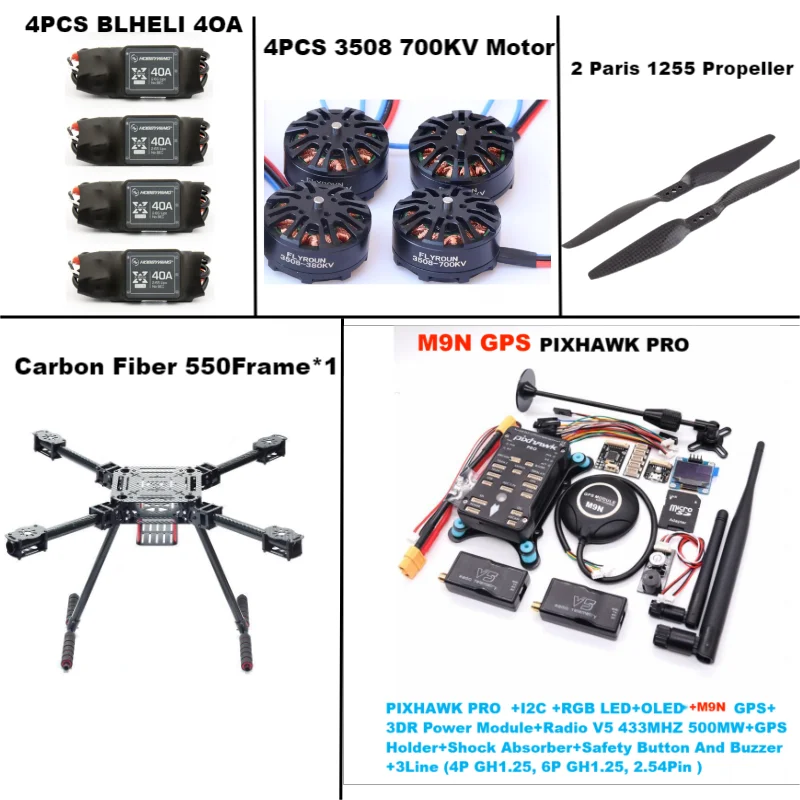 RctoSk 550 Hexa Frame PIXHAWK PRO M9N Controle de vôo Carbono Ardupilot Rádio Telemetria Quadcopter BLHELI 40A 3508 700KVMotor ESC