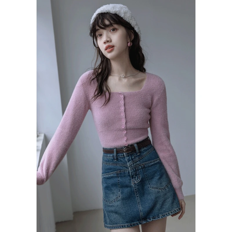 

Women's Clothes Pink Sweater Square Neck Fashion Vintage Lazy Wind Winter Female Knitting Long Sleeve Short Pullover Tops