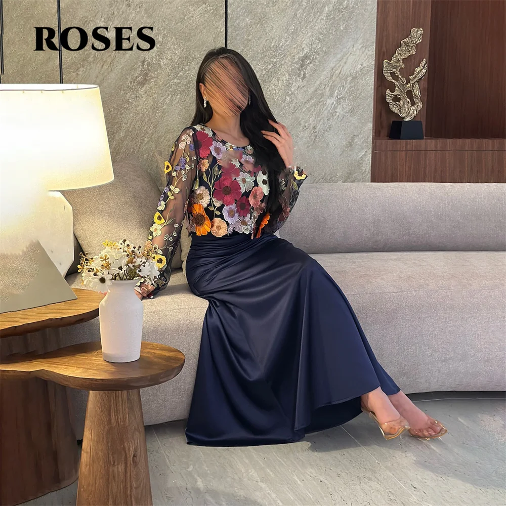 ROSES Schwarzes Saudi-Arabien-Abschlussballkleid, Partykleid mit Applikationen, vollen Ärmeln, Satin, A-Linie, Abendkleider für Damen, individuell