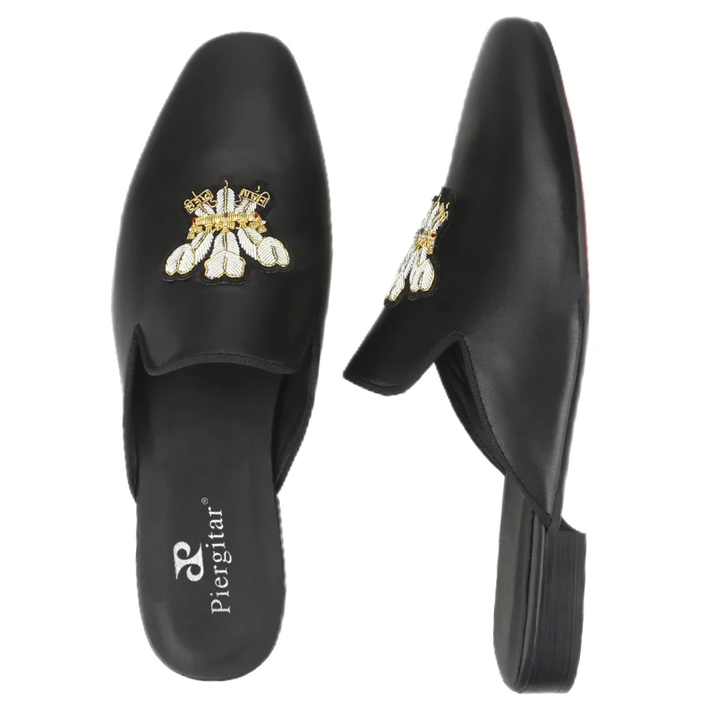 Piergitar Summer New Style Black Genuine Leather Men's Mules With Handmade Customized Patterns Patch Slip-On Slippers Red Sole view 5