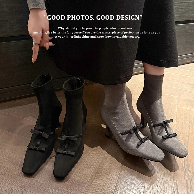 

2026 new autumn winter women ankle boots 22-24.5cm stretch flannel square toe high heel modern boots butterfly knot skinny boots