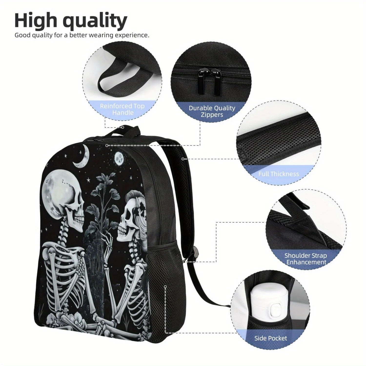 Gothic Skeleton Moon Printed Street Style Cool Backpack for Men, Casual Bag