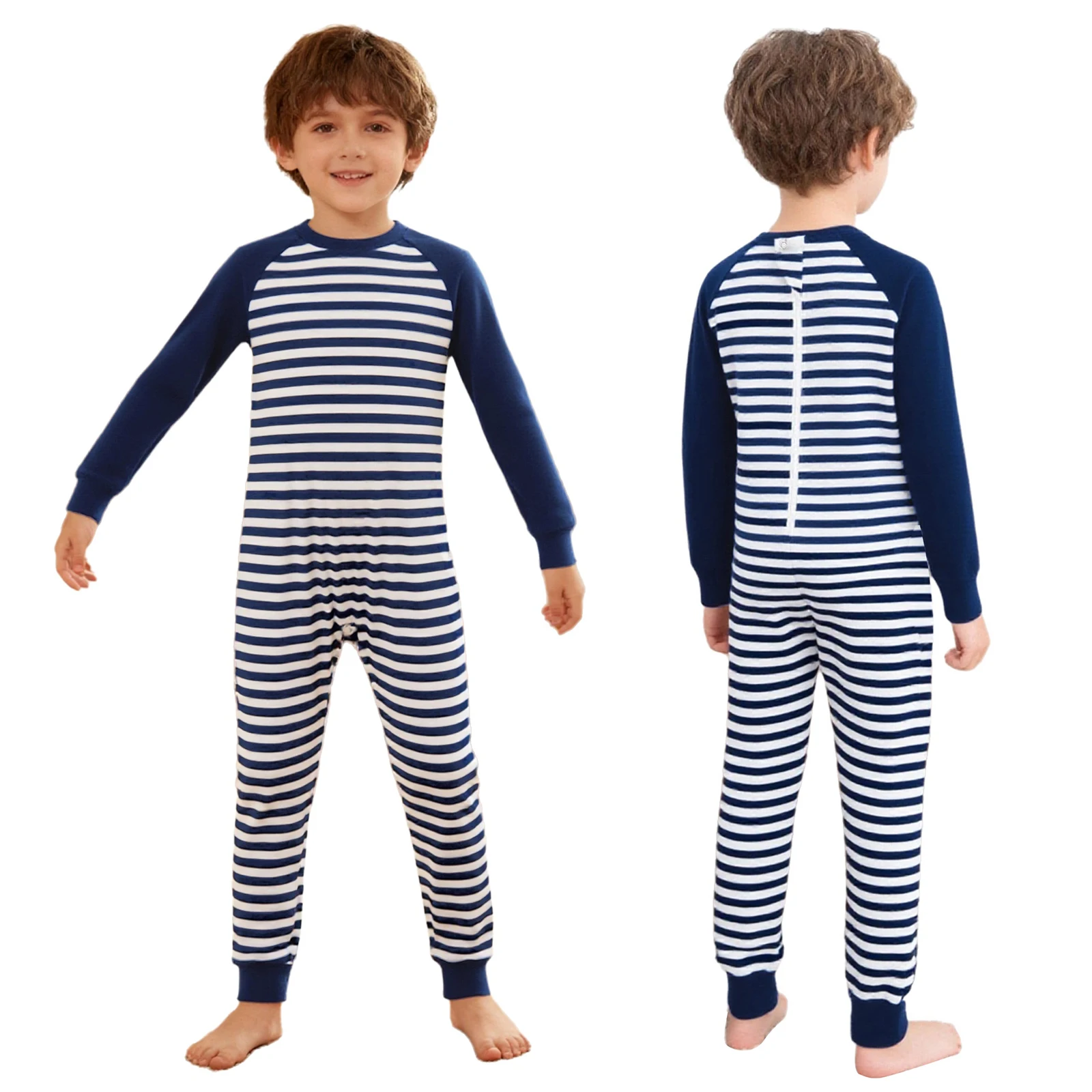 Special Needs Adaptive Clothing for Children Round Neck Long Sleeve Full Length Anti-Strip Back Zipper Stripe Jumpsuit Sleepwear