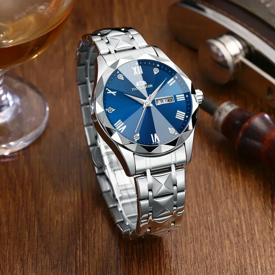 Luxury Watches for Men Luminous Double Calendar Gold Blue Green Quartz Dress Diamond Shaped Glass Stainless Steel Reloj Hombre