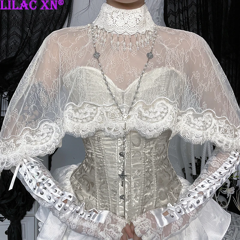 

Lilac XN Goth Sexy White Lace See Through Smock Cloak Sweet Aesthetic New Fashion High Collar Women Short Tops Partywear
