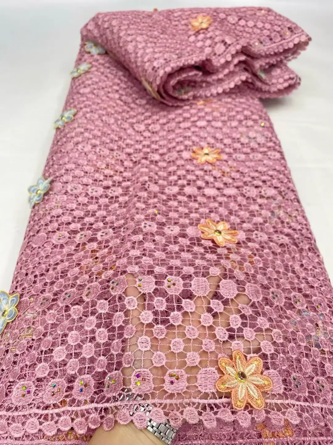 

High-Quality 2026 Africa Nigerian Sequins Cotton Embroidery Lace Fabric Tulle for Wedding Party Dress Chiffon 5Yards DP0498