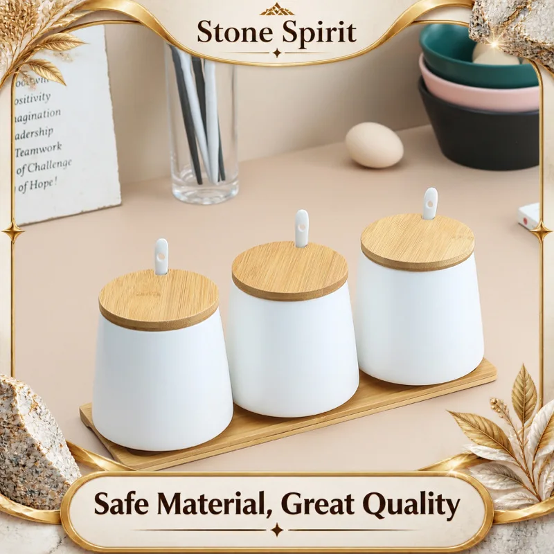 Ceramic Storage Tank with Cover Kitchen Cooking Supplies Seasoning Tank Household Salt Bottle Sugar Pot Black and White Green
