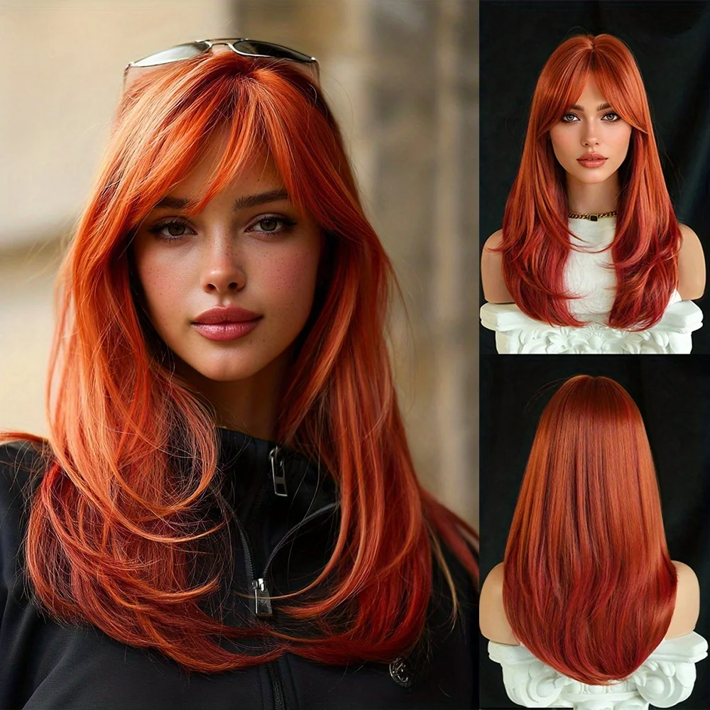 straight copper hair wig, elegant and fashionable medium red-orange wig, high-density synthetic heat-resistant fiber wig