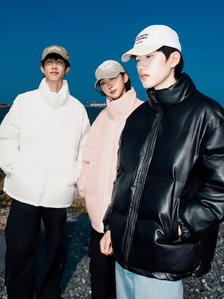 

Korean Sle Stand Collar PU Leather Cotton Jaet Men's Winter Thi Warm Bread Sle Outerwear Loose Oversize Couple Cotton...