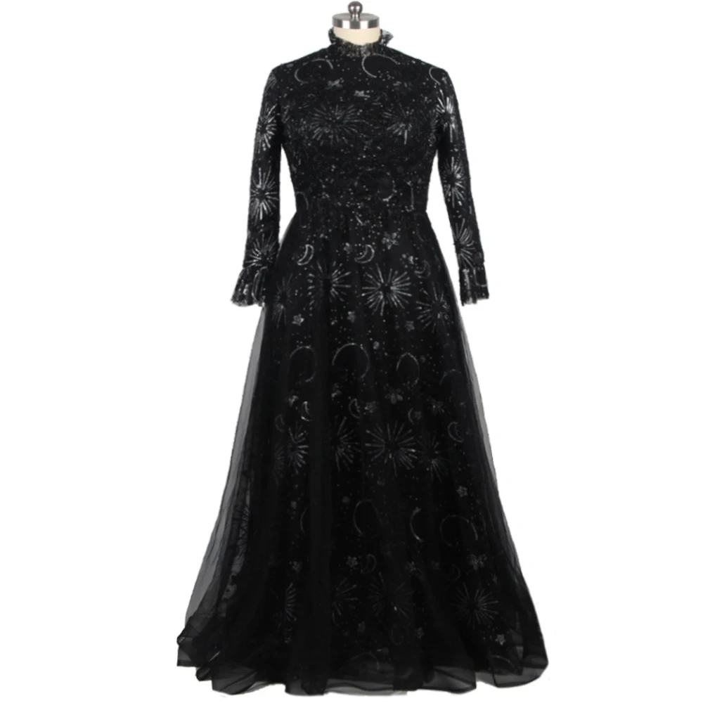 

Real Photo Customized Muslim Evening Dress Black Bling High Collar Full Sleeves Zipper Back Floor Length Plus Size Party Gowns