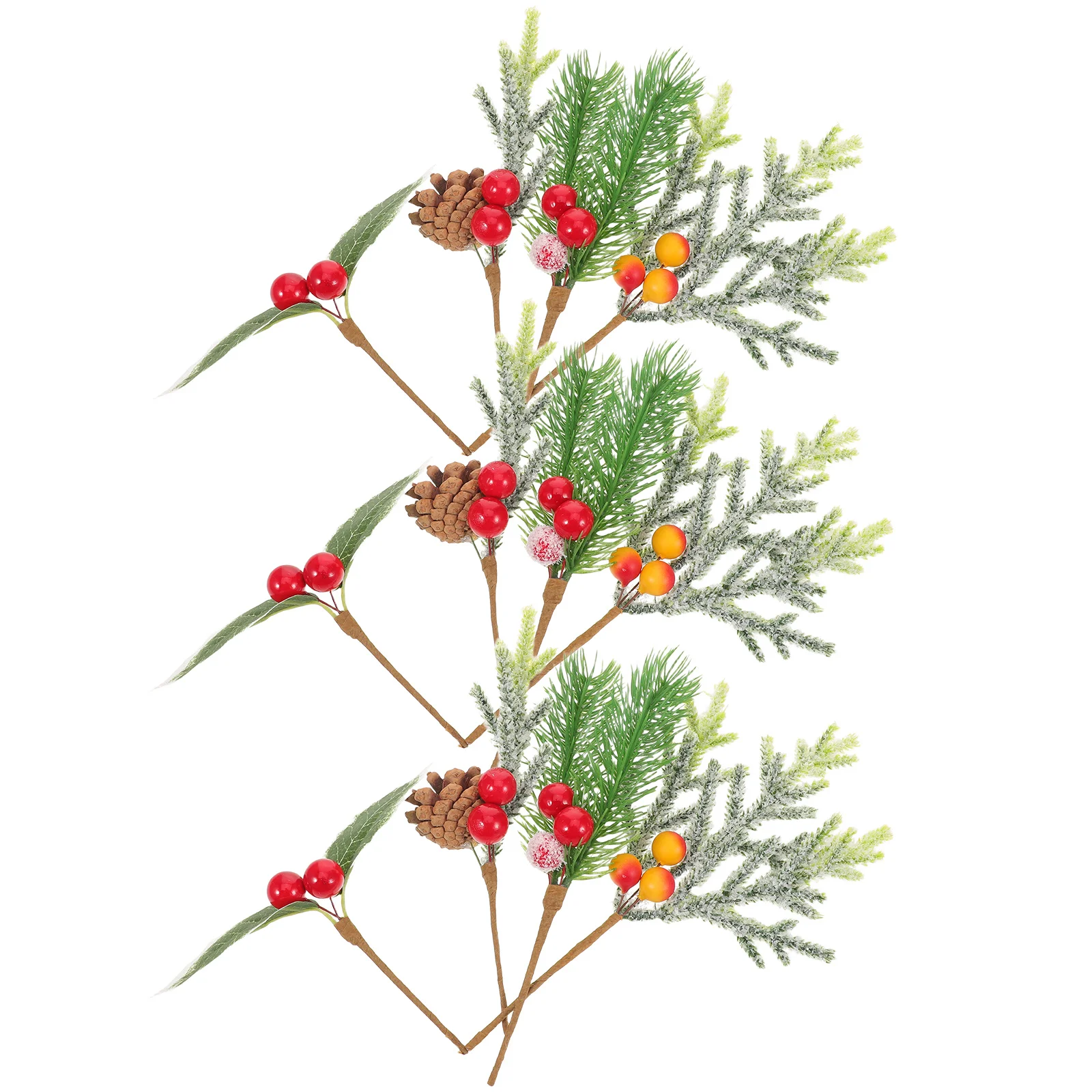 

12Pcs Christmas Tree Decoration Frosted Artificial Pine Needles Branches Red Berry Stems Mini Pine Cone Picks Wreath Making