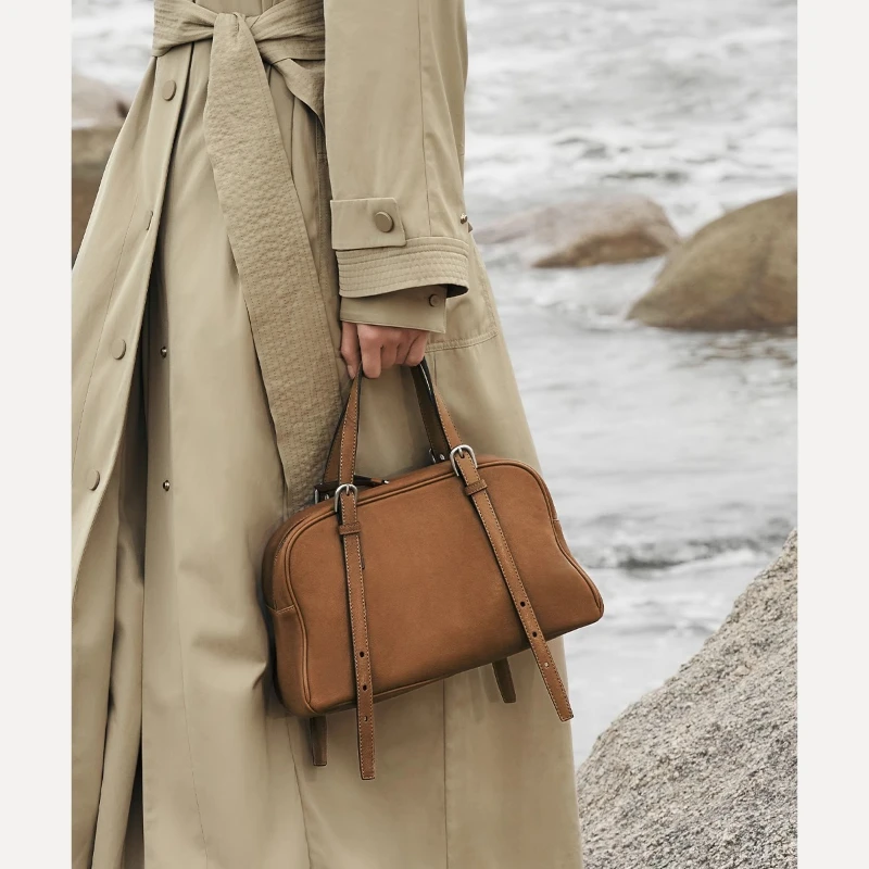 QIUZHEN Vegetable-Tanned Top-Grain Lambskin Bowling Bag Women's Vintage Casual Large Capacity Genuine Leather Tote Shoulder Bag