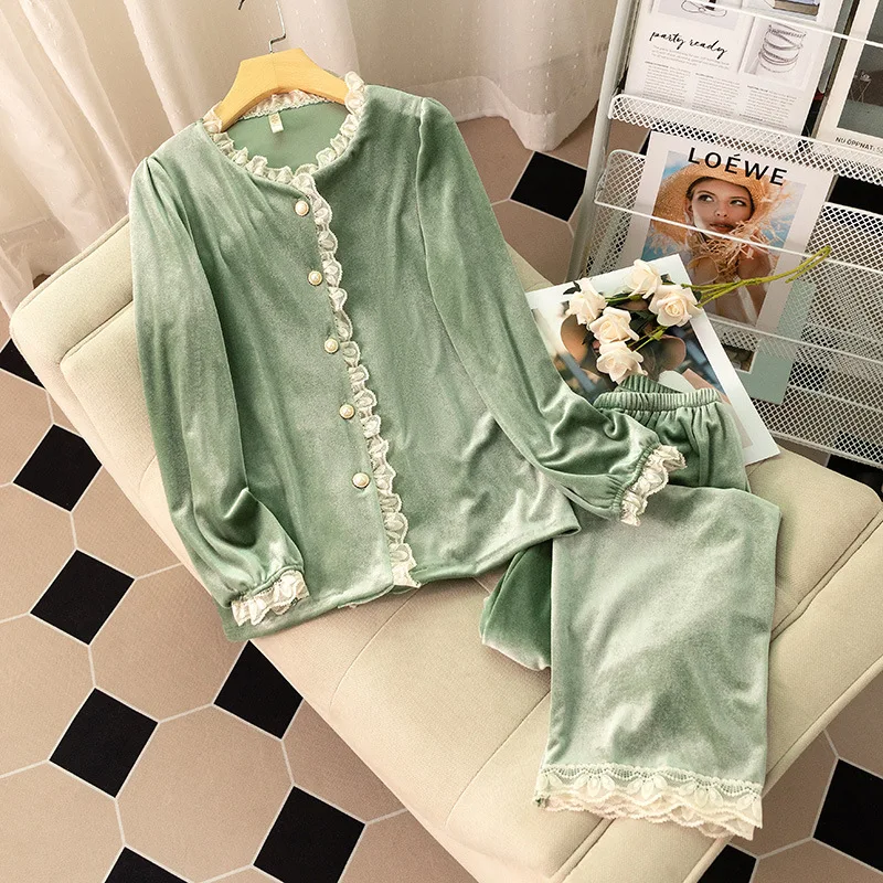 Autumn And Winter Velour Pajamas Women's Two-piece Velvet Homewear New Loose Casual Women's Solid Lace Border Simple Pajamas