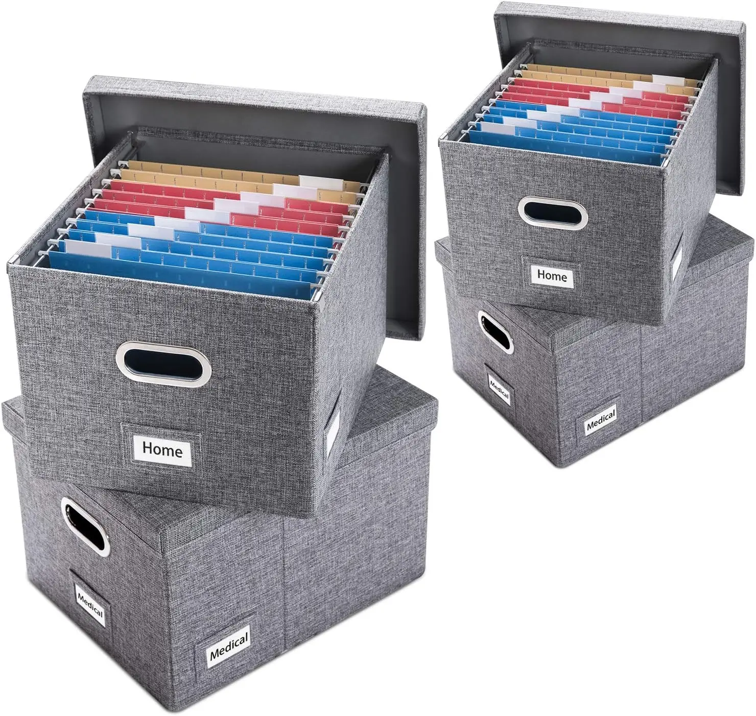

Collapsible File Organizer Box Set of 4 - Hanging File Folders with Lids for Letter/Legal Size, Grey Linen, 17.1x14x11.1 inch