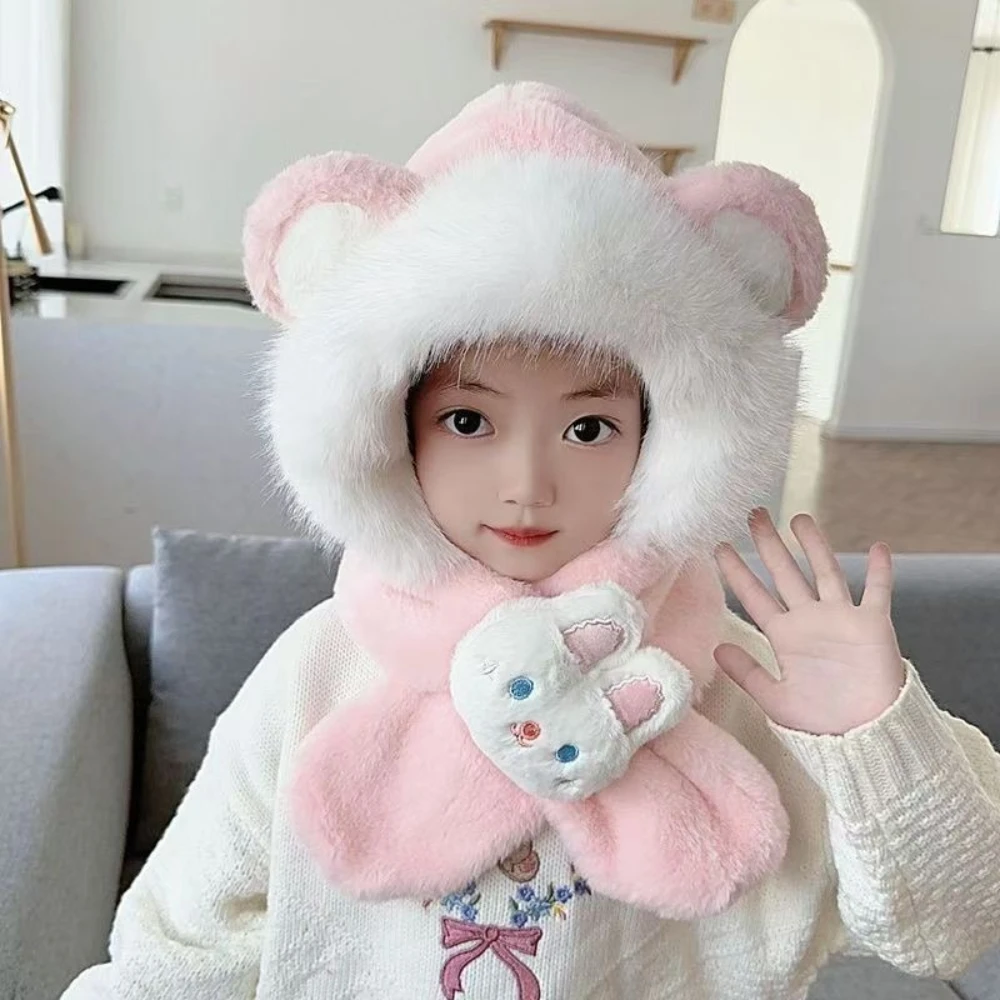 ديزني الأطفال الشتاء قبعة ووشاح مجموعة الوردي الفراولة الدب يندبروف غطاء للأذنين أنيق قبعة تزلج دافئة قطعتين مجموعة MINISO #5