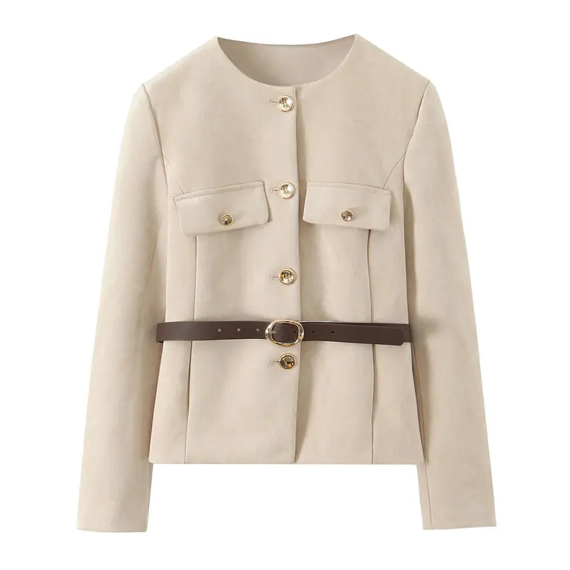 2025 Autumn New Arrival Women's Velvet Texture Suit Jacket with Belt Commute Style Long Sleeve round Neck Coat for Ladies