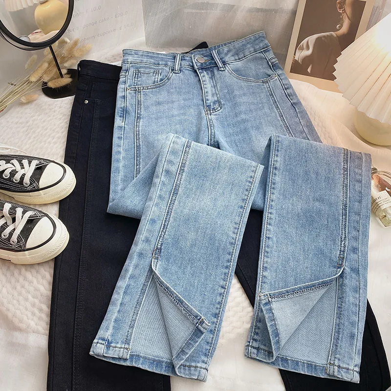 High Waist Straight Leg Jeans Women plus Size Loose Wide Leg Pants Slit Simple Style plus Size Small Figure Slimming Jeans